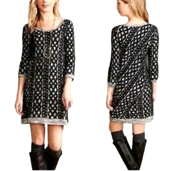 Moth Anthropologie Black And Ivory Textured Knit Long Sleeve Sweater Dress S - Picture 1 of 9